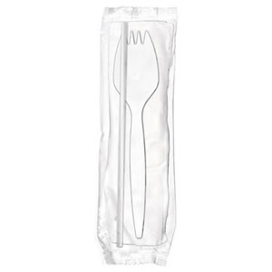 CKPPMW104 White Medium Weight 
Polypropylene Spork, Napkin &amp; 
Milk Straw Cutlery Kits - 1000