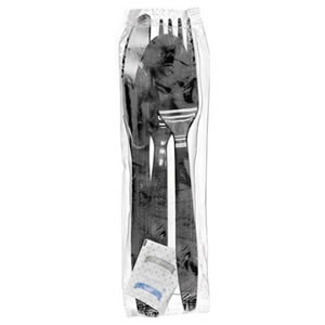 6KS601B Black Heavy Weight 
Polystyrene Fork, Knife, 
Spoon, Salt, Pepper, &amp; Napkin 
Cutlery Kits - 250